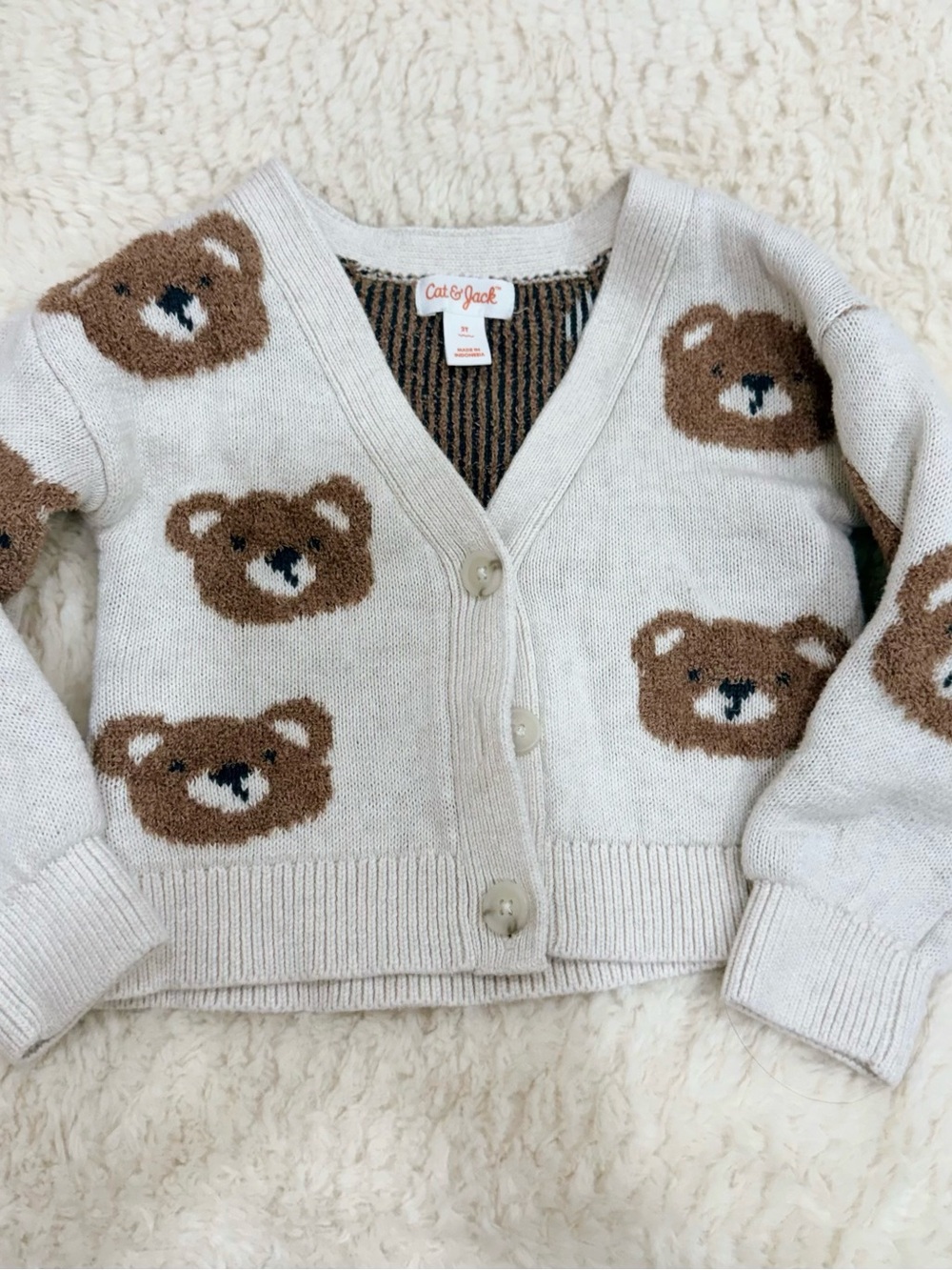 Cat & Jack Cream Cardigan with Brown Bear Motif